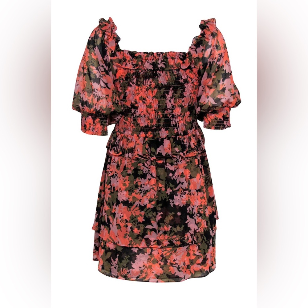 MISA Los Angeles - Olive & Coral Floral Printed Smocked Dress